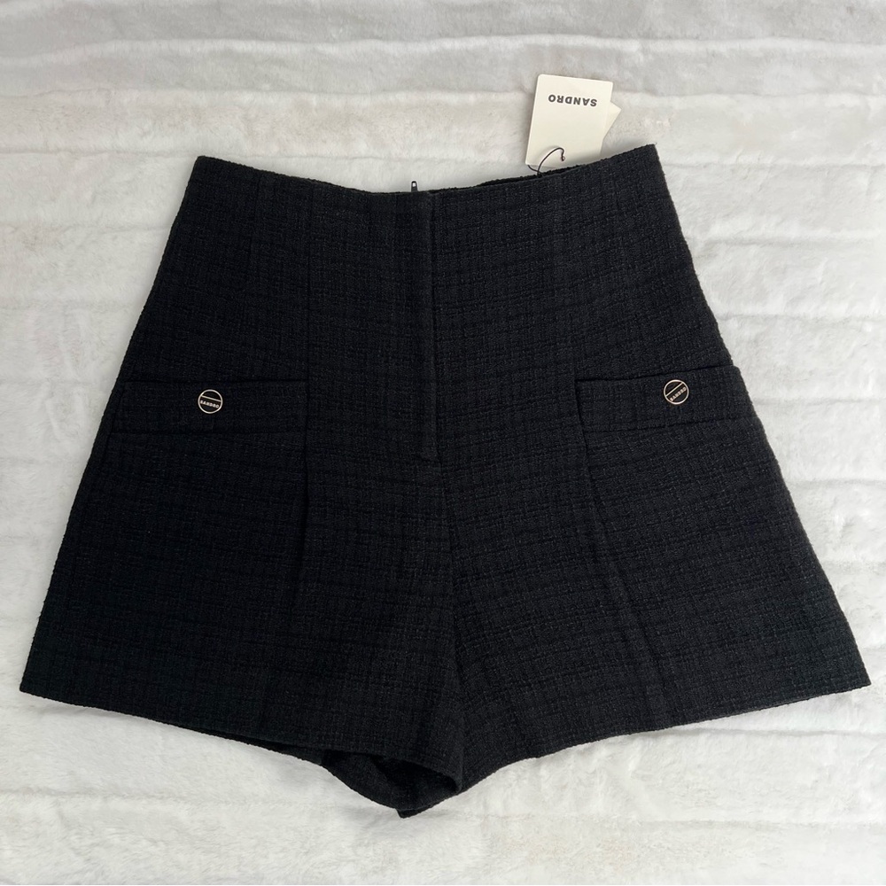 NWT Sandro Cadaques High Waist Pleated Tweed Shorts in Black